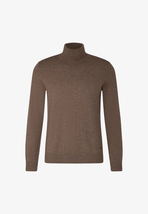 Brown turtleneck sweater made of soft fabric, featuring long sleeves, a fitted collar, and ribbed hem and cuffs. No patterns or detailing.