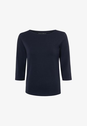 Marineblaues Oberteil mit dreiviertel Ärmeln, aus weichem Stoff gefertigt, mit rundem Ausschnitt und legerer Passform. Einfaches und vielseitiges Design.