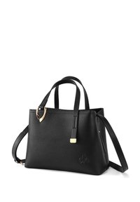 Borsa a mano in pelle nera con design strutturato, doppi manici superiori, tracolla removibile, accessori in tonalità oro e dettaglio del logo impressa.