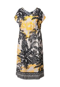 Robe blanche avec imprimé feuilles tropicales noires et jaunes et ananas, manches courtes, taille élastique et ourlet à motif géométrique.