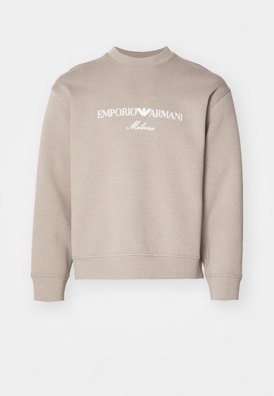 Gray sweatshirt featuring a crew neck, long sleeves, and a white logo detailing "EMPORIO ARMANI Milano" on the front. Smooth texture.