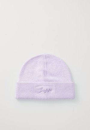 Lilac knit beanie with a ribbed cuff. Features embroidered logo on the front and smooth texture throughout.