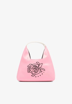Borsa in pelle rosa tenue con manico corto bianco, disegno a linea di rosa nera e la parola "Marni" sul davanti.