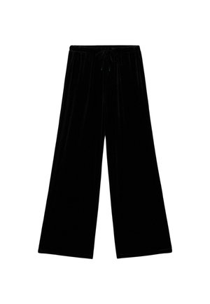 Pantalon noir à jambes larges en tissu velours doux. Dispose d'une taille élastique avec cordon de serrage pour un ajustement personnalisé. Texture lisse.