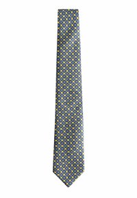 Corbata estampada con un diseño en azul y amarillo con pequeños motivos circulares. Fabricada con tela suave, estrechándose en ambos extremos.