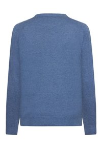 Blauer Pullover aus weichem Strickstoff, mit Rundhalsausschnitt, langen Ärmeln und einem schlichten Design ohne dekorative Elemente.