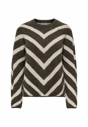 Pull en vert olive foncé avec des rayures blanches en chevron. Il dispose d'un col rond et de manches longues. Fabriqué en tissu tricoté doux et texturé.