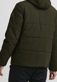 Ciemnozielona kurtka puchowa z kapturem, z przeszywanym panelem i naszywką z logo na lewym ramieniu. Materiał wydaje się gładki i matowy.