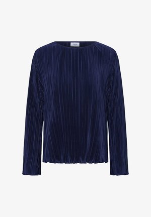 Tengerészkék, redőzött blúz hosszú ujjal, kerek nyakkivágással és texturált anyagból. A dizájn függőleges redőzéseket tartalmaz, amelyek mélységet adnak hozzá.