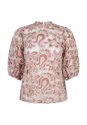 Kortärmelig blouse met geplooide mouwen en een hoge kraag, met roze bloemen- en paisley kantpatronen op een doorzichtige beige stof.
