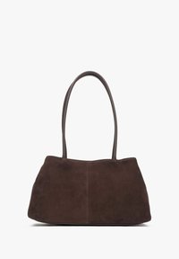 Brown suede handbag with a rectangular shape, two rounded handles, and seamless design. Soft texture with subtle stitching detail.