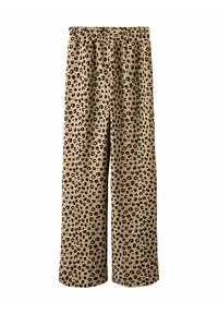 Pantalons large en tissu beige à motif léopard avec des taches noires. Taille élastique pour le confort et coupe décontractée sur l'ensemble des jambes.
