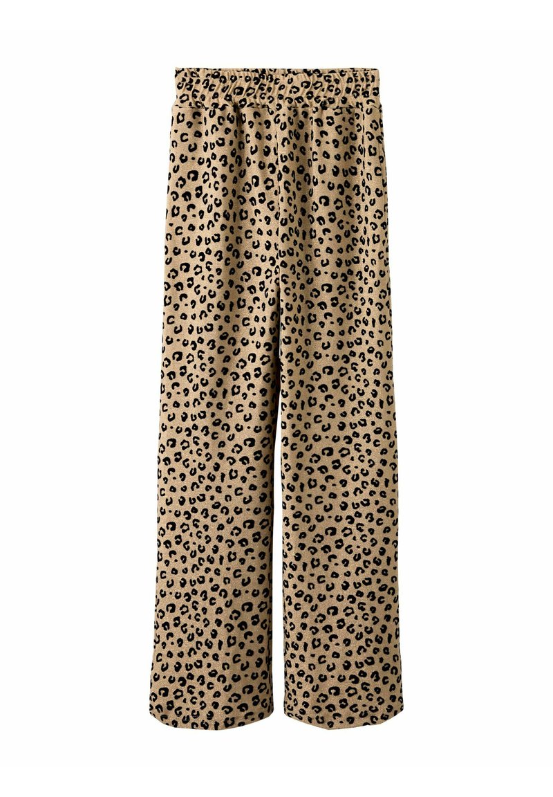 Pantalons large en tissu beige à motif léopard avec des taches noires. Taille élastique pour le confort et coupe décontractée sur l'ensemble des jambes.