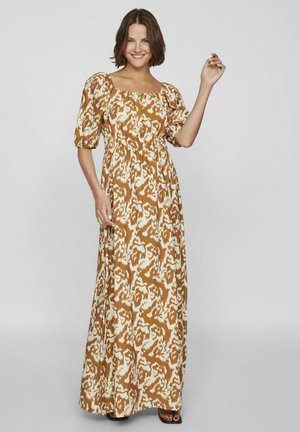 Vestido maxi en un patrón abstracto marrón y crema, con escote cuadrado, cintura elástica y mangas abullonadas. Tela suave y texturada.
