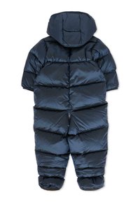 Granatowy puchowy kombinezon zimowy z kapturem, z pikowanymi panelami i przednim zamkiem, zaprojektowany dla ciepła i izolacji.