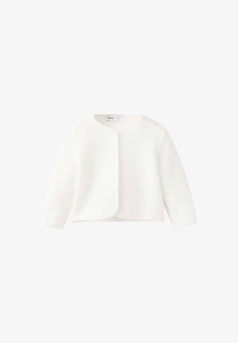 Cardigan blanc texturé à manches longues avec encolure ronde et fermeture par boutons sur le devant, longueur courte et sans poches visibles.