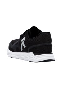 Black athletic shoe featuring a textured mesh upper, white sole, reflective accents, and a padded collar for support. Laces included.