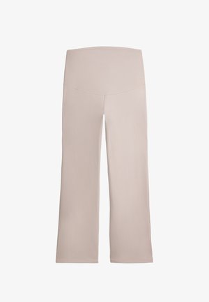 Pantaloni a gamba larga beige chiaro realizzati in tessuto morbido, con vita alta e superficie uniforme senza motivi o dettagli visibili.