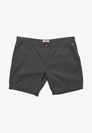 Gray cotton shorts with rolled hems, two front pockets, a small buttoned back pocket, and a brown button at the waistband.