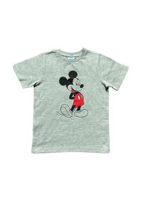 Grijze katoenen t-shirt met korte mouwen, voorzien van een zwart en rood grafisch ontwerp van een cartoonfigur op de voorkant.