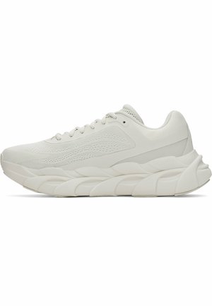 Lichte hardloopschoenen met een textuur van wit mesh bovenwerk, dikke gestoffeerde zool en een minimalistisch ontwerp met subtiele accenten.