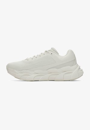 Lightweight running shoes with a textured white mesh upper, thick cushioned sole, and minimalistic design featuring subtle accents.