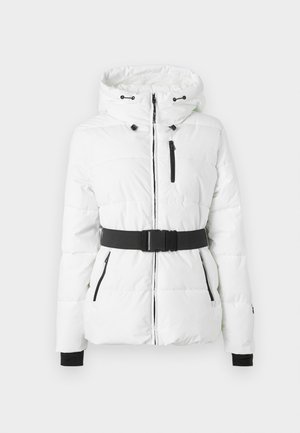Witte pufferjack met capuchon, zwarte riem en ritszakken. Heeft een horizontaal doorgestikt ontwerp en elastische manchetten.