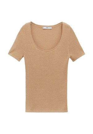 Haut court à manches courtes en ribbed beige avec un décolleté en scoop et une texture douce, présentant une coupe ajustée qui met en valeur les formes et les contours.