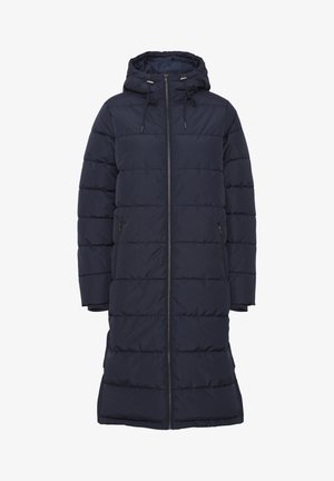 Mornarsko dolg puhovka s kapuco, ki ima horizontalne prešite sekcije, sprednje zadrge in stranske žepe z zadrgo. Gladka tekstura tkanine.