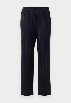 Pantaloni blu navy con righe verticali, vita elastica, design a gamba dritta, texture liscia e senza tasche visibili.