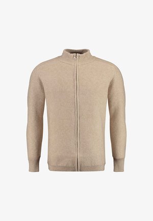 Pull en zip beige avec un col montant, des manches longues, des poignets et un ourlet côtelés. Texture douce, motif en tricot lisse.