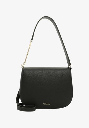 Borsa a tracolla nera in pelle con finitura texture, forma curva, tracolla regolabile e dettagli in metallo dorato.