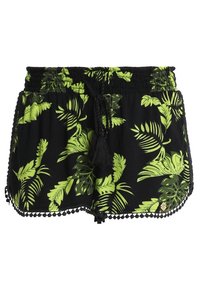 Pantaloni corti neri con stampa di foglie tropicali verdi, vita elastica, lacci neri con pon pon e bordo in pizzo decorativo all'orlo.