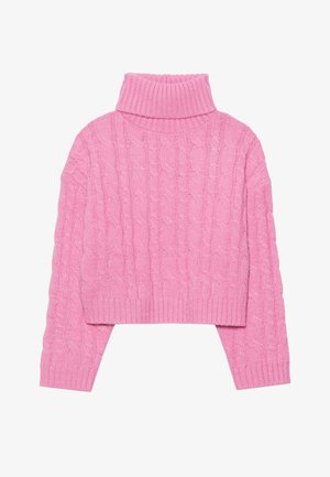 Cropped pink turtleneck sweater made of textured cable knit, featuring a ribbed collar and cuffs, with long sleeves and a fitted hem.