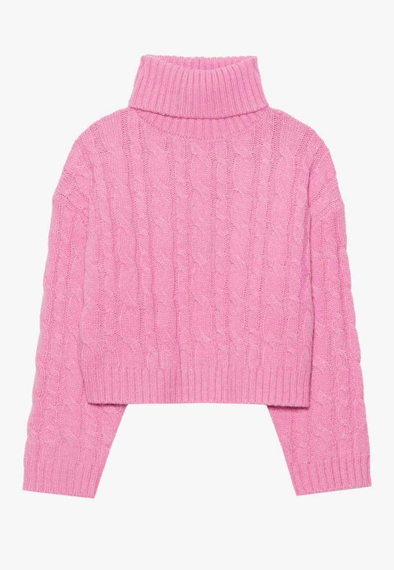 Zkrátený ružový rolák svetra vyrobený z textúrovanej žakárovej pleteniny, s rebrovaným golierom a manžetami, dlhými rukávmi a priliehavým lemom.