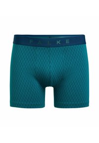 Boxer in teal realizzati in tessuto morbido con un design aderente. Presentano un elastico blu scuro con la scritta "FALKE" stampata in un motivo tonale.