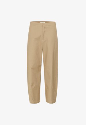 Beige bomullsbyxor med rak ben som är cropped, med platt front, sidofickor och en mjuk yta.