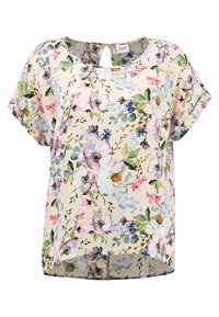 Blumenbluse mit kurzen Ärmeln, beigem Hintergrund, rosa, blauen und grünen Blumenmustern, Rundhalsausschnitt und Schlitzdetail an der Rückseite.