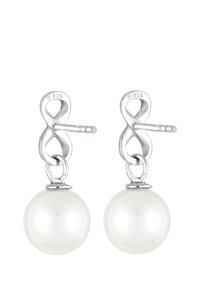 Boucles d'oreilles en argent avec un design en boucle et des perles sphériques blanches. Marquées '925' indiquant de l'argent sterling. Texture lisse et brillante.