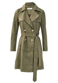 Trench-coat vert olive en daim doux, doté d'un devant croisé, d'un large col et d'une ceinture assortie. Comprend deux poches latérales.