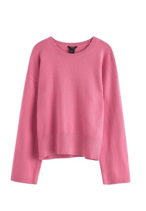 Maglione rosa lavorato a maglia con maniche lunghe, polsini e orlo a coste, scollo rotondo e design leggermente corto. Tessuto morbido e colore uniforme in tutta la superficie.