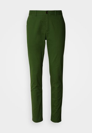 Pantalones chinos de algodón verdes con un ajuste slim, con cierre de un solo botón, bolsillos laterales y textura suave. Sin patrones ni detalles visibles.