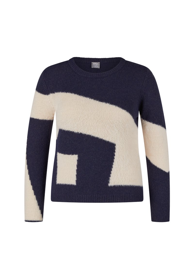 Marineblauer und cremefarbener Wollpullover mit abstraktem geometrischem Muster, Rundhalsausschnitt, gerippten Bündchen und Saum.