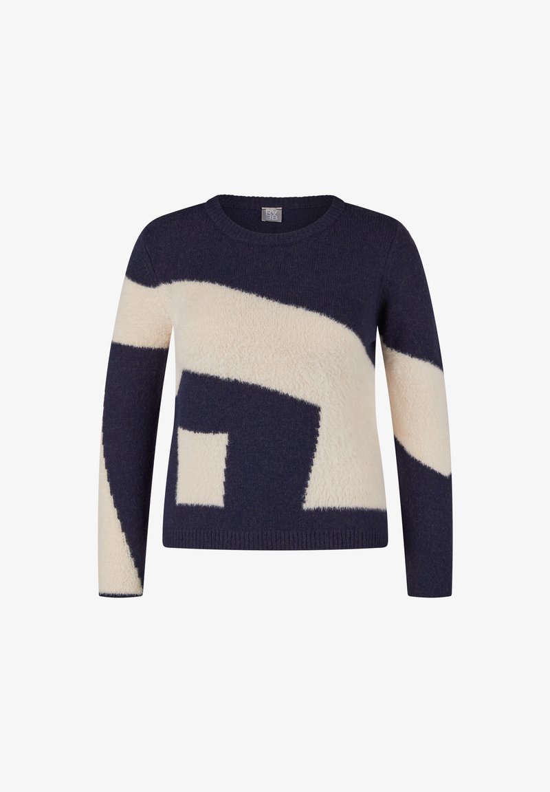 Marineblauer und cremefarbener Wollpullover mit abstraktem geometrischem Muster, Rundhalsausschnitt, gerippten Bündchen und Saum.