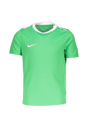 T-shirt de sport vert à manches courtes avec logo Nike blanc sur la poitrine et liseré blanc autour du col et des épaules.