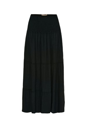 Sort, lagdelt maxi nederdel med smock liv; lavet af et let stof, der har en svævende silhuet og blød tekstur.
