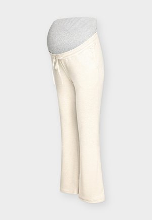 Maternity sweatpants in cream with a soft, elasticated, grey belly support band and drawstring waist. Straight-leg design, casual fabric.
