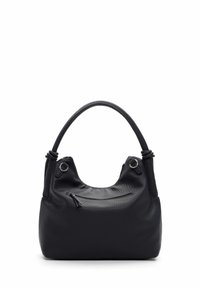 Borsa a mano in pelle nera con manico curvo, superficie testurizzata, tasca con zip singola e dettagli metallici sui lati.