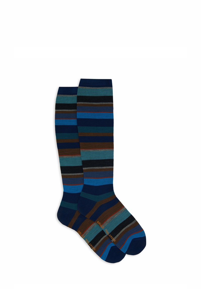 Knee-high socks with horizontal stripes in navy, blue, brown, and gray. Material appears soft with a smooth texture. Reinforced toe and heel.