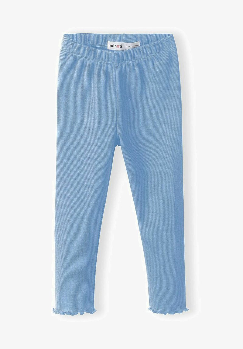 Siniset ribbid leggingsit, joissa on joustava vyötärö ja kaarrellut helma. Valmistettu pehmeästä materiaalista mukavuutta ja joustavuutta varten.